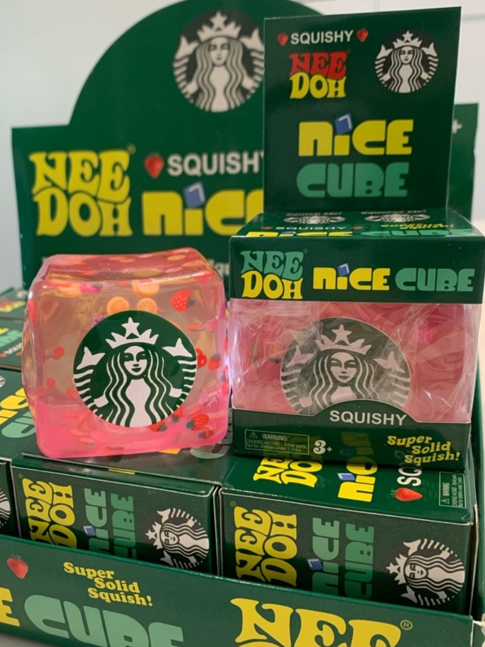 Starbucks Pink Squishy Cube Stress Toy with Logo - Picture 3 of 3